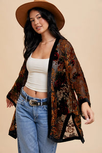 Women's Floral Velvet Burnout Kimono in Black