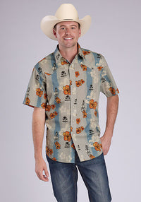 Tin Haul Men's S/S Vintage Tropical Western Snap Shirt in Blue