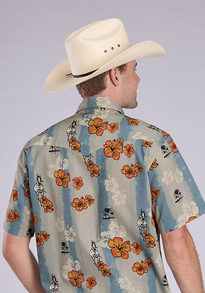 Tin Haul Men's S/S Vintage Tropical Western Snap Shirt in Blue