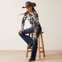 Ariat Women's Wrinkle Resist Team Kirby Stretch Long Sleeve Western Button Down Shirt in Cow Print
