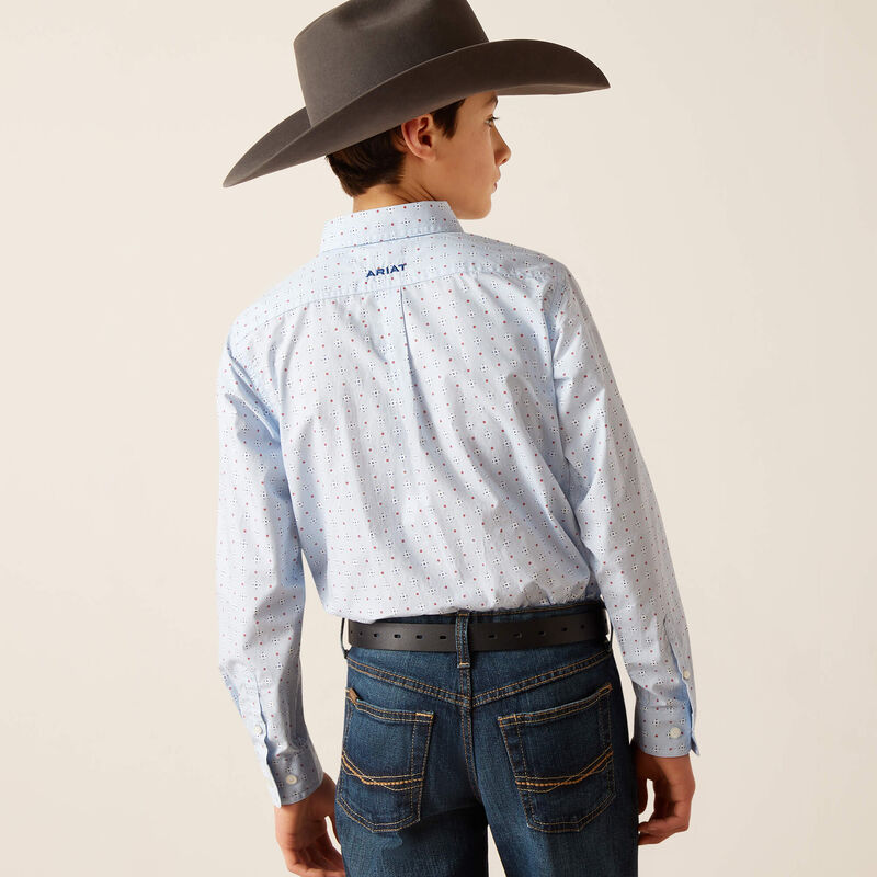 Ariat Boy's Penley Classic Fit Button Down Shirt in Light Blue/Geometric