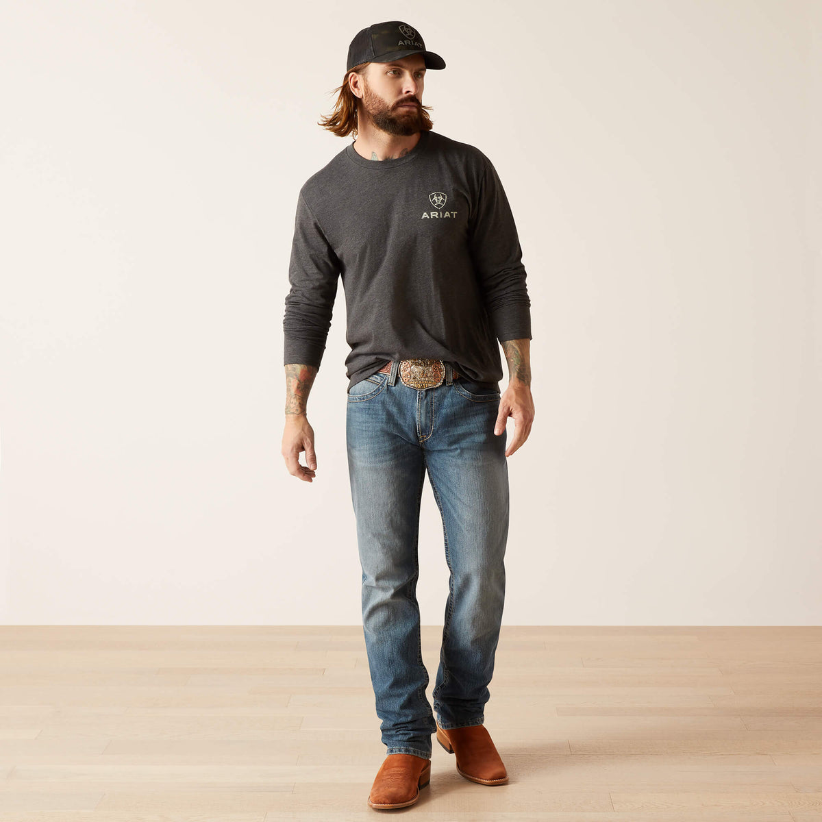 Ariat Men's Wooden Flag Long Sleeve T-Shirt in Charcoal Heather