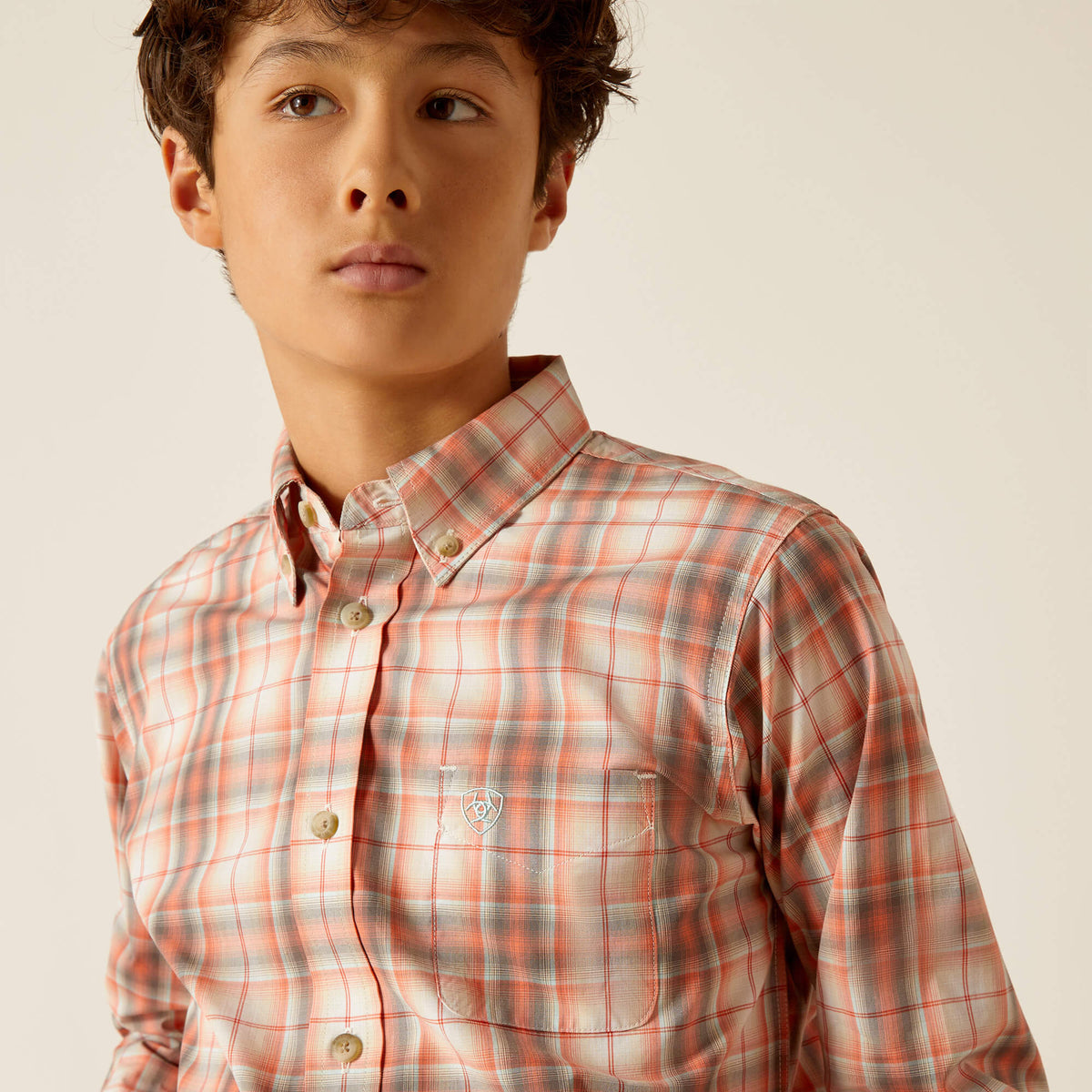 Ariat Boy's Pro Series Knox Classic Fit Button Down Shirt in Coral/Plaid