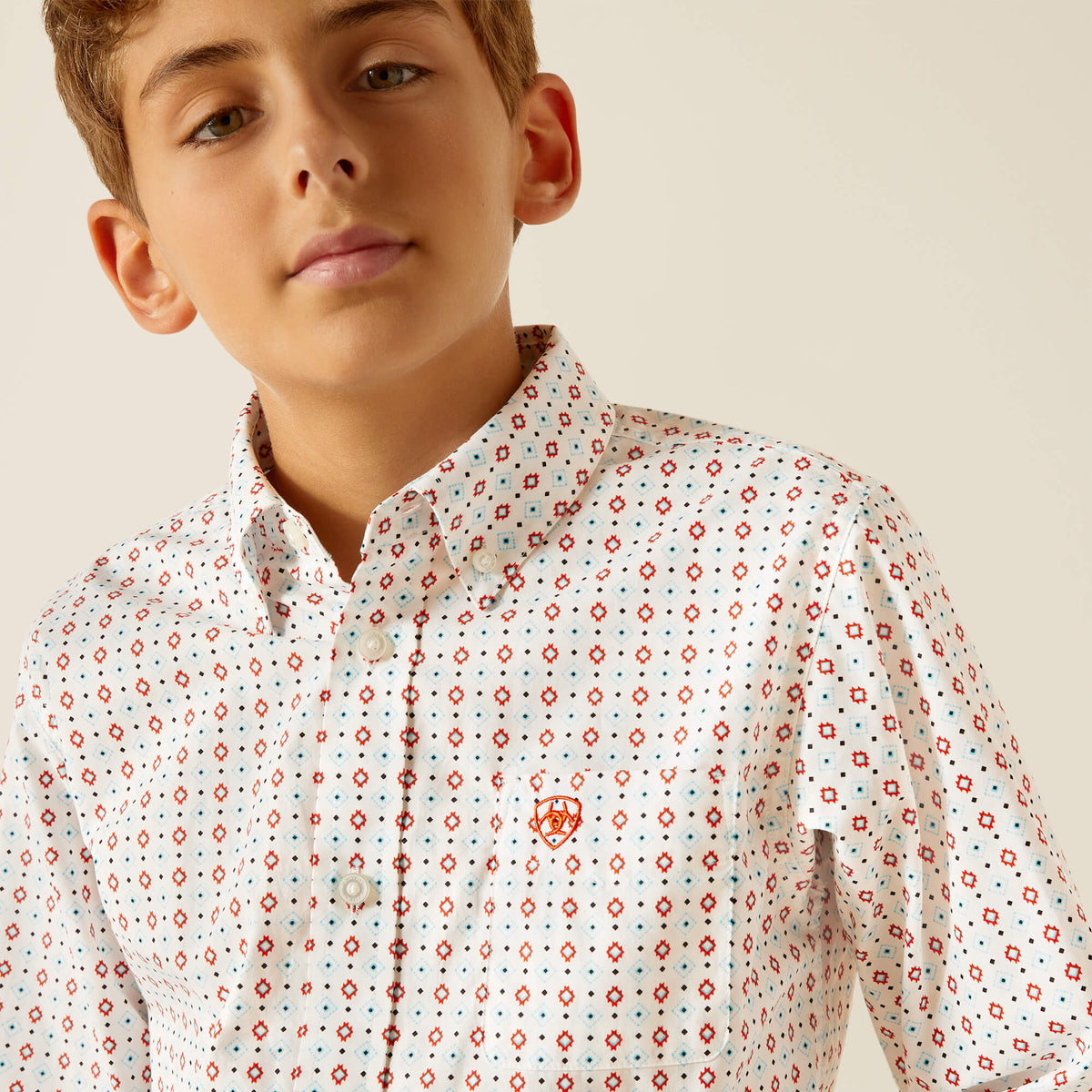 Ariat Boy's Kade Classic Button Down Shirt in White/SW Geometric