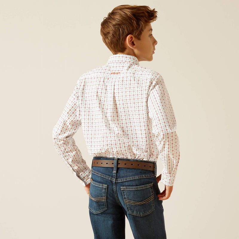 Ariat Boy's Kade Classic Button Down Shirt in White/SW Geometric