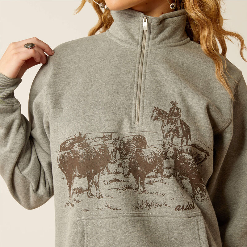 Ariat Women's 1/2 Zip Ranch Graphic Sweatshirt in Heather Grey (Plus Sizes Available)