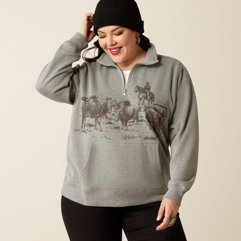 Ariat Women's 1/2 Zip Ranch Graphic Sweatshirt in Heather Grey (Plus Sizes Available)