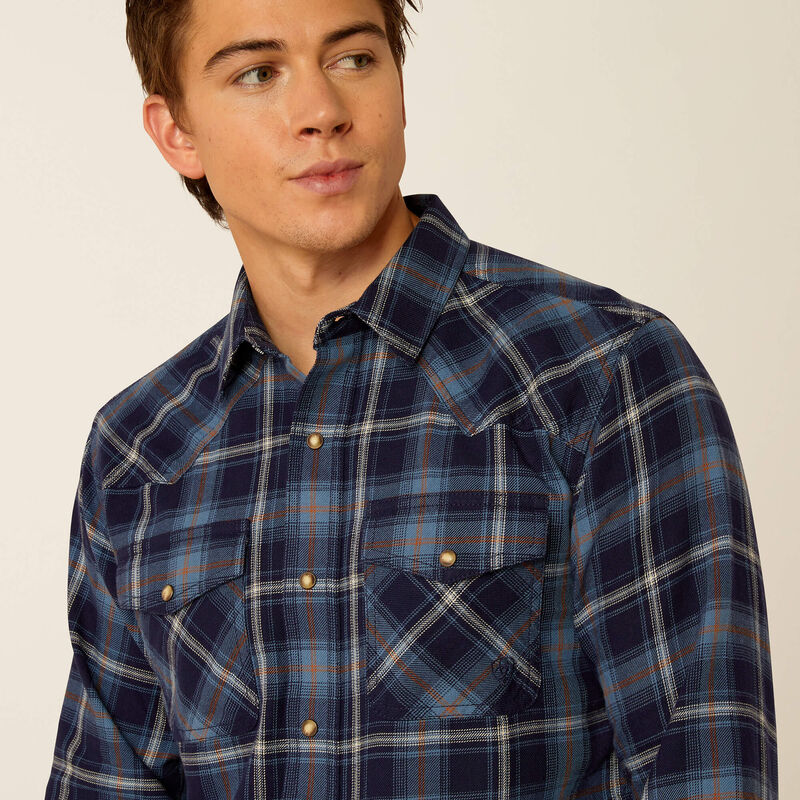 Ariat Men's Hugo L/S Retro Fit Western Snap Shirt in Maritime Blue Plaid (Available in Tall Sizes)