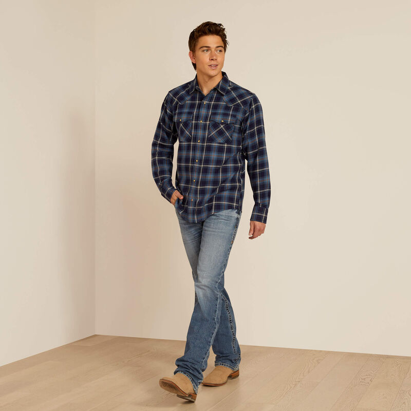 Ariat Men's Hugo L/S Retro Fit Western Snap Shirt in Maritime Blue Plaid (Available in Tall Sizes)