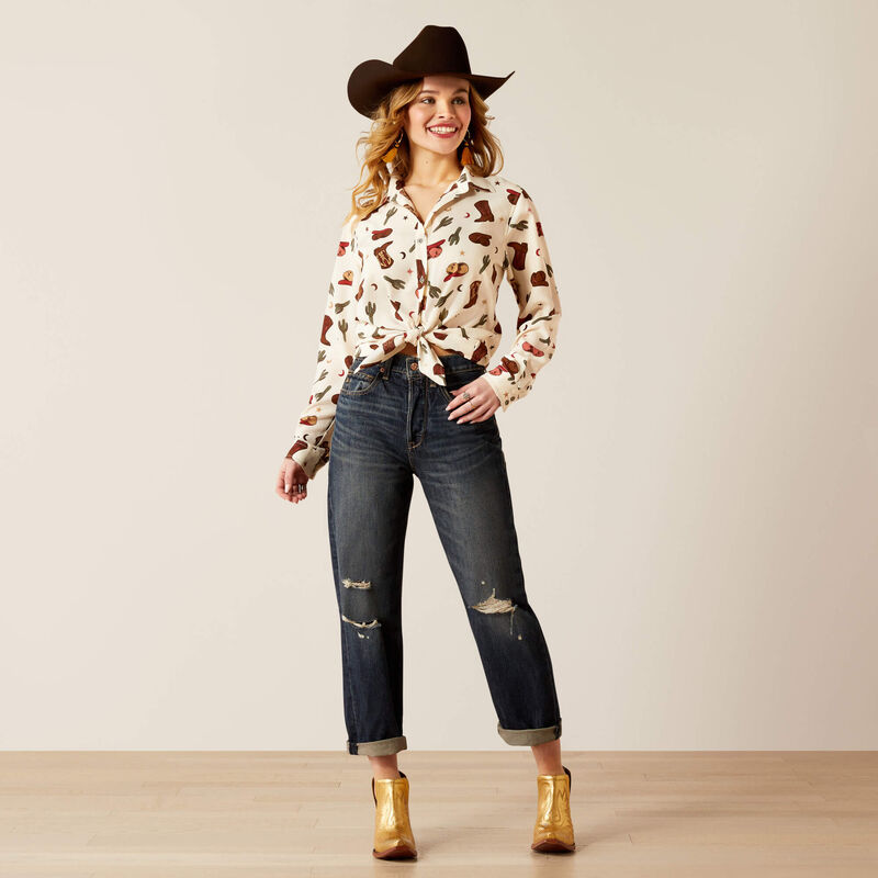 Ariat Women's Homestyle L/S Western Button Down Shirt in Cream Western Cowgirl