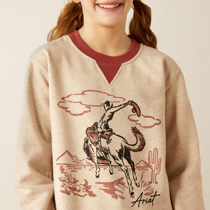 Ariat Girl's Bronc Junior Sweatshirt in Oatmeal Heather & Marsala