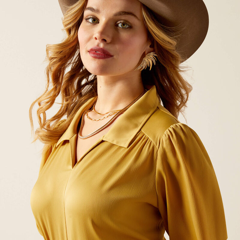 Ariat Women's Shimmer Collared V-Neck Satin Shirt in Antelope