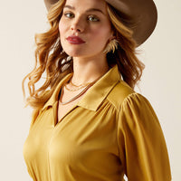 Ariat Women's Shimmer Collared V-Neck Satin blouse in Antelope