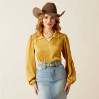 Ariat Women's Shimmer Collared V-Neck Satin Shirt in Antelope