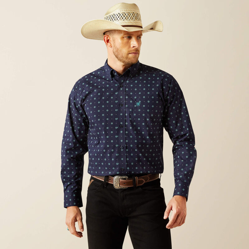 Ariat Men's L/S Jacobi Classic Fit Western Button Down Shirt in Navy Medallion