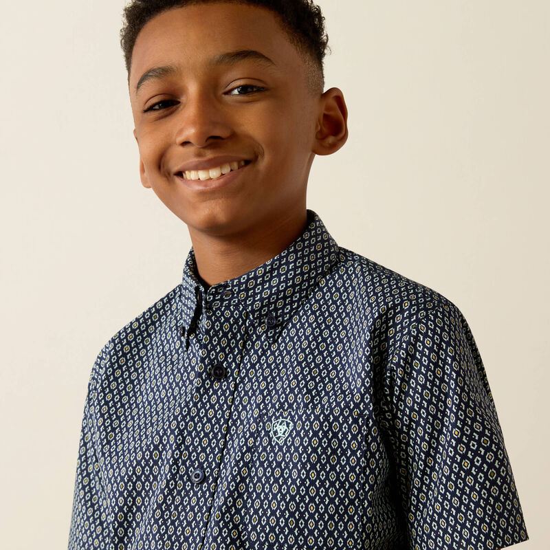 Ariat Boy's S/S Clark Classic Fit Western Button Down Shirt in Navy