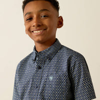 Ariat Boy's S/S Clark Classic Fit Western Button Down Shirt in Navy