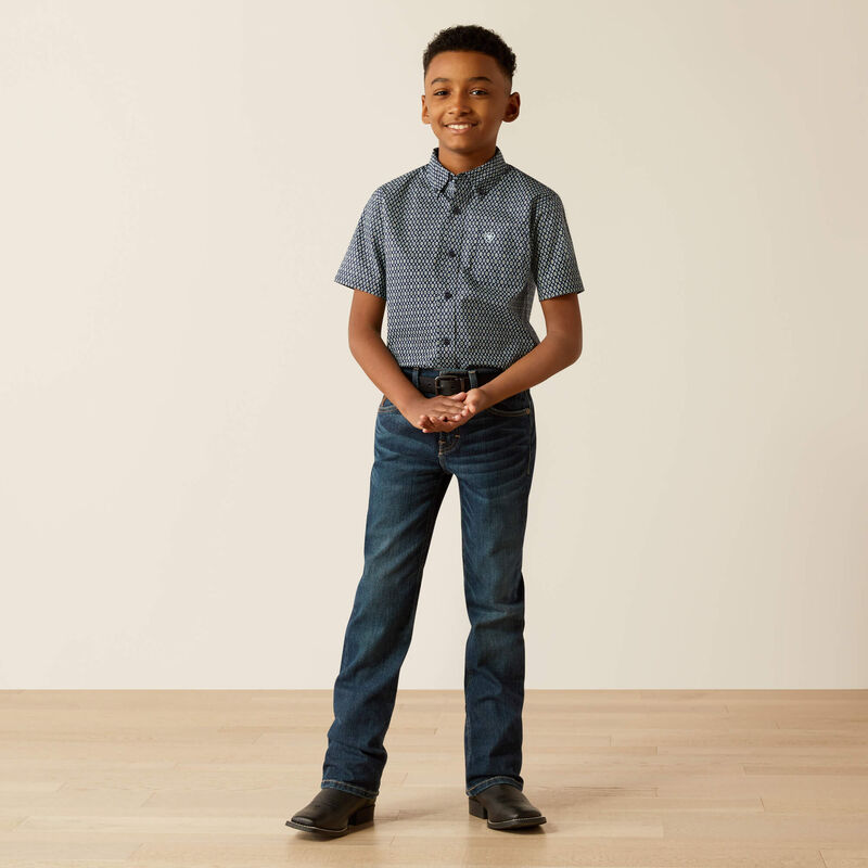 Ariat Boy's S/S Clark Classic Fit Western Button Down Shirt in Navy