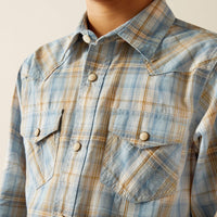 Ariat Boy's L/S Howe Retro Fit Western Snap Shirt in Light Blue Plaid