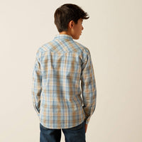 Ariat Boy's L/S Howe Retro Fit Western Snap Shirt in Light Blue Plaid