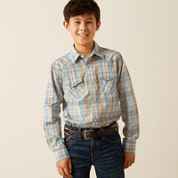 Ariat Boy's L/S Howe Retro Fit Western Snap Shirt in Light Blue Plaid
