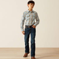 Ariat Boy's L/S Howe Retro Fit Western Snap Shirt in Light Blue Plaid
