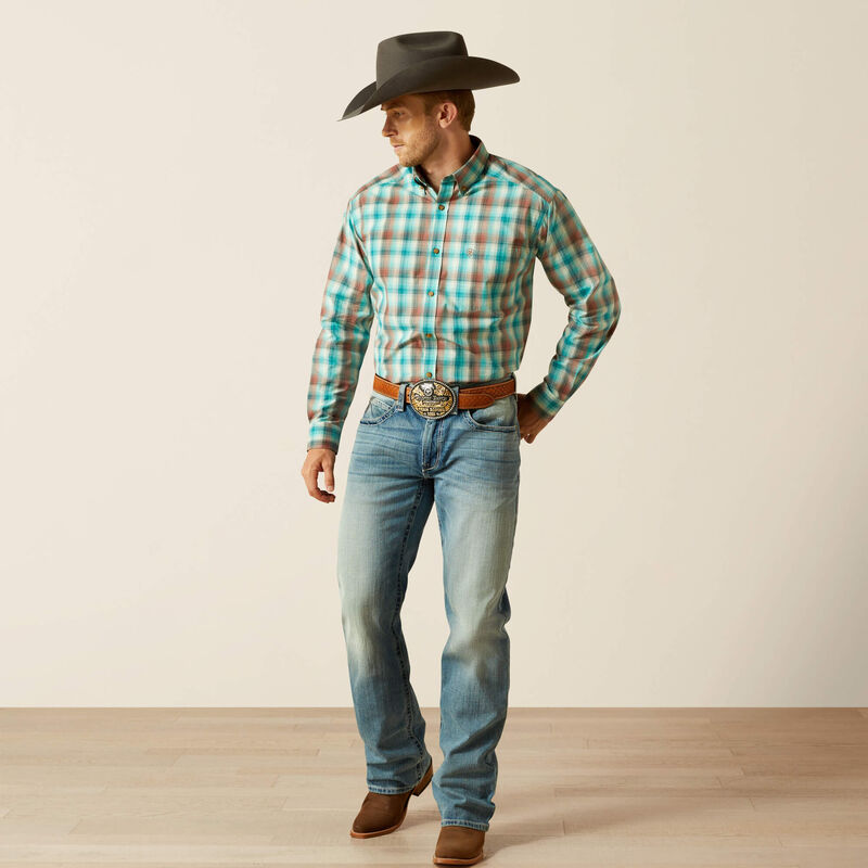 Ariat Men's L/S Pro Series Brooklyn Classic Fit Western Button Up Shirt in Aqua Blue Plaid