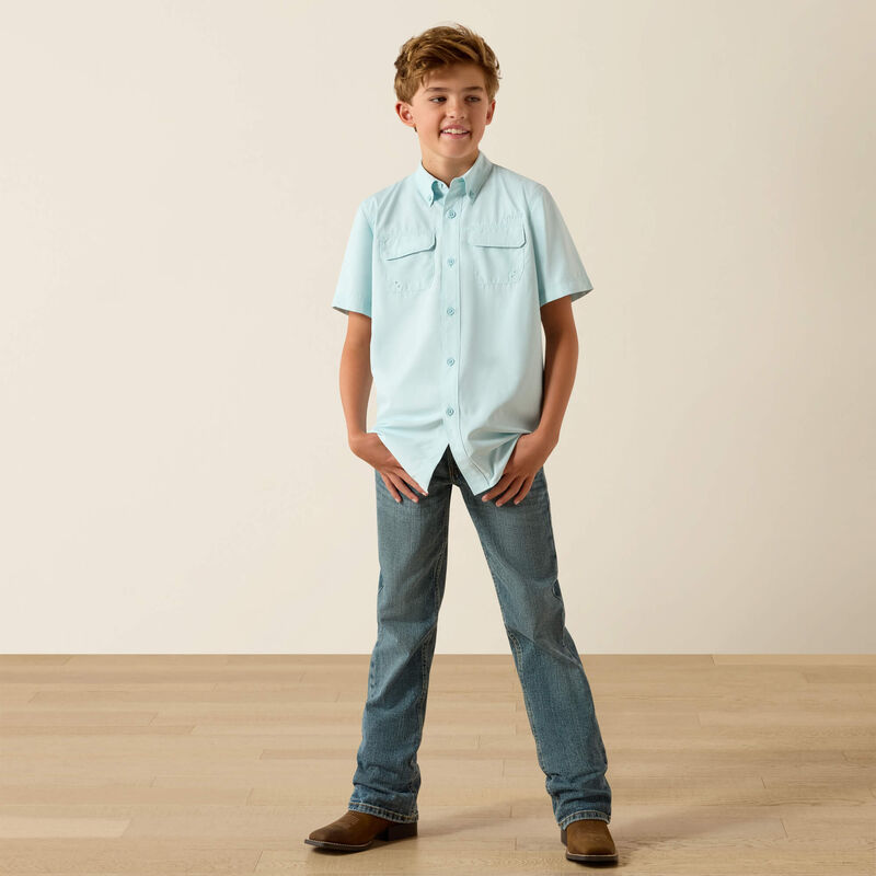 Ariat Boy's S/S VentTEK Outbound Classic Fit Button Down Shirt in Blue Glow