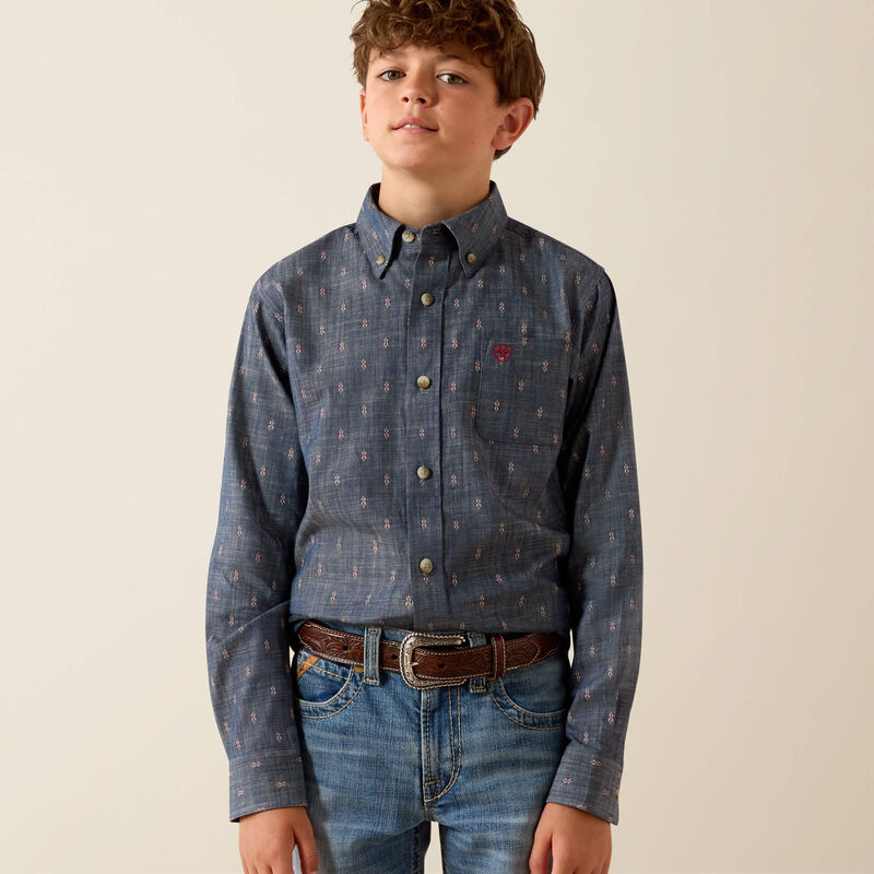 Ariat Boy's Teague L/S Classic Fit Western Button Down Shirt in Chambray Blue Medallion Print