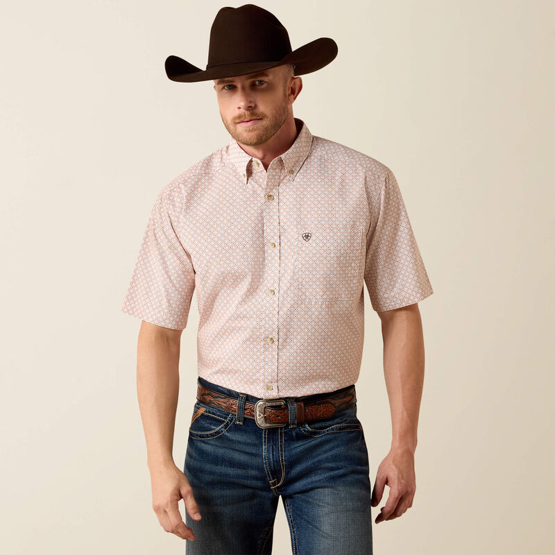 Ariat Men's S/S Nels Classic Fit Button Down Western Shirt in Almond Oil Geo Print