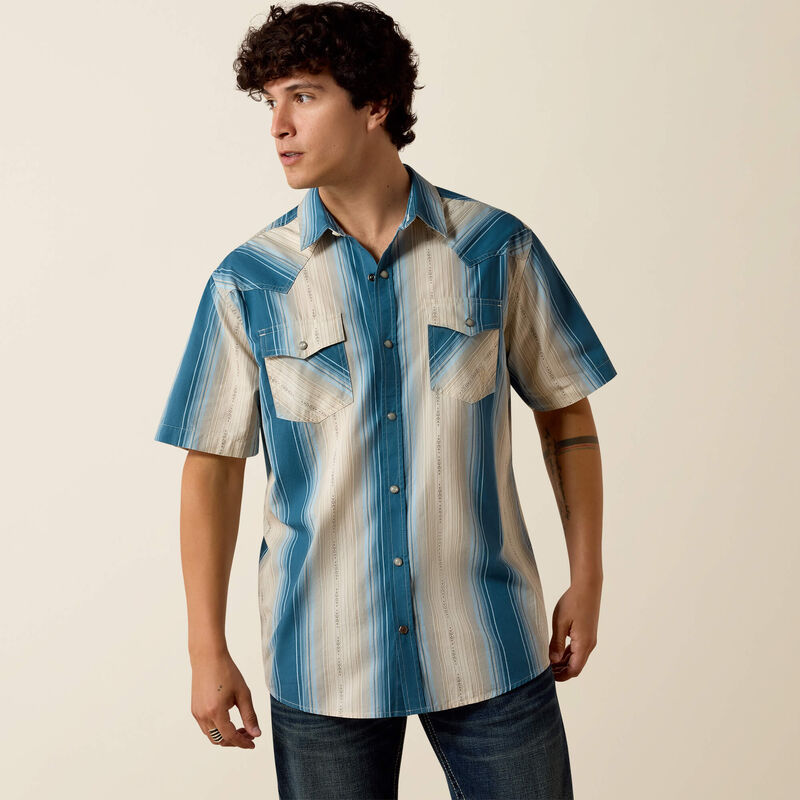 Ariat Men's S/S Retro Hyland Fitted Snap Shirt in Colonial Blue Stripe