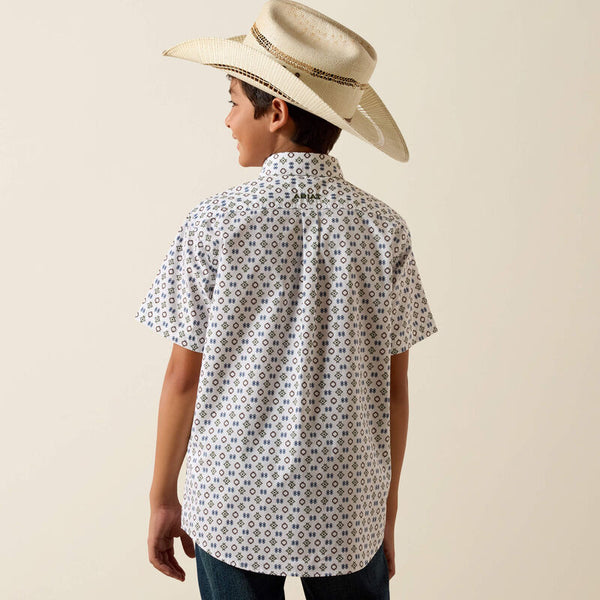 Ariat Boy's S/S Seton Classic Fit Button Down Shirt in White Southwest Motif Print