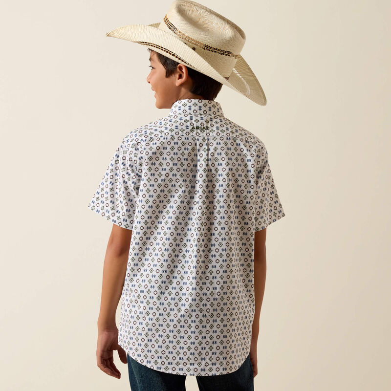 Ariat Boy's S/S Seton Classic Fit Button Down Shirt in White Southwest Motif Print