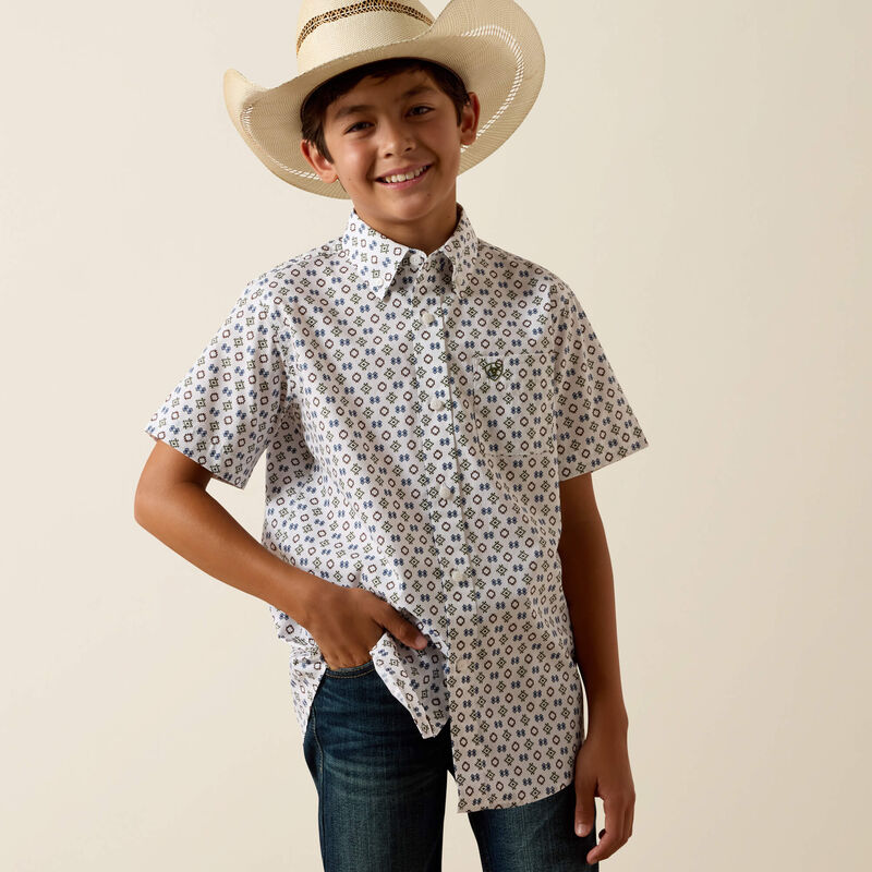 Ariat Boy's S/S Seton Classic Fit Button Down Shirt in White Southwest Motif Print