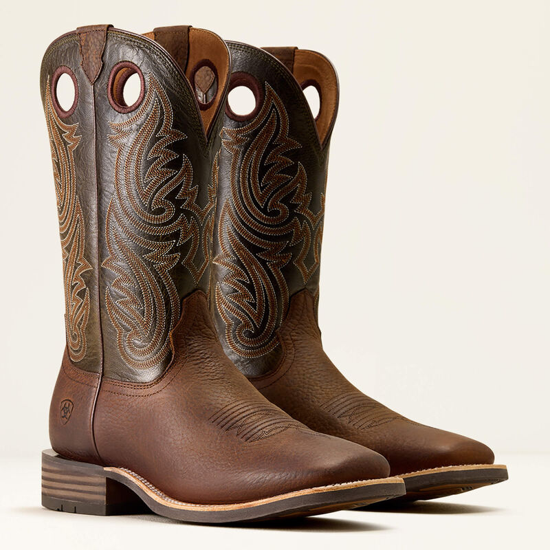 Ariat Men's Highland Toughstock Wide Square Toe Cowboy Boot in Brown Oiled Rowdy/Timber Olive