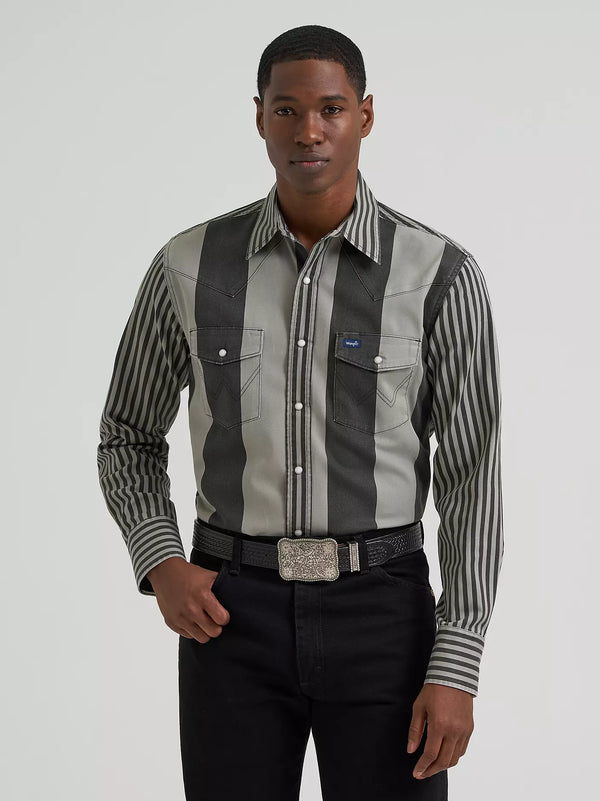 Wrangler Men's L/S Vintage Inspired Contrast Band Western Snap Shirt in Smoky Stripes