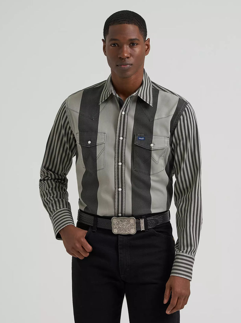 Wrangler Men's L/S Vintage Inspired Contrast Band Western Snap Shirt in Smoky Stripes