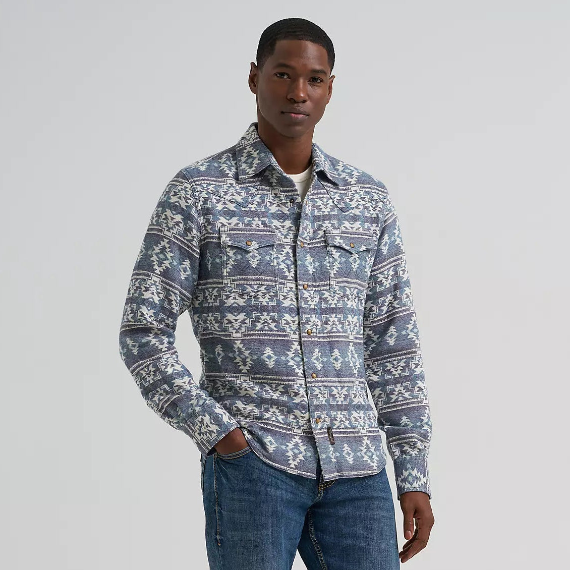 Wrangler Retro Premium Men's L/S Western Snap Jacquard Shirt in Grey Canyon