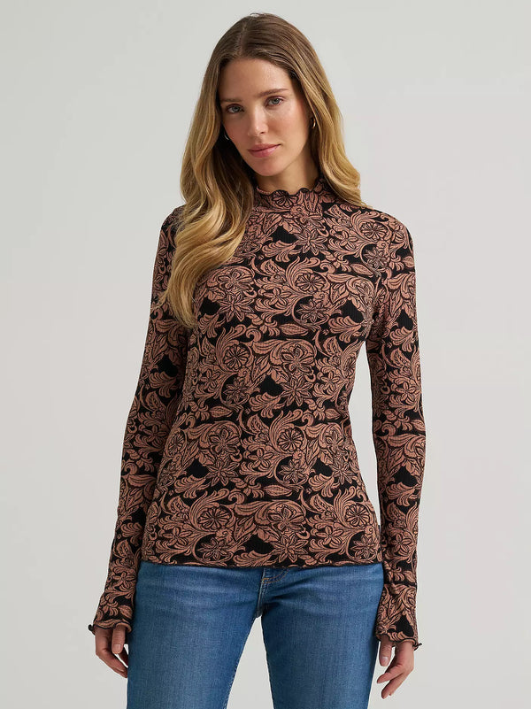 Wrangler Women's Mock Neck Knit Blouse in Black/Brown