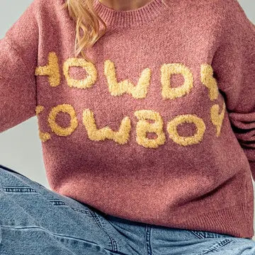 Women's "Howdy Cowboy" Wordy Knit Sweater in Pink