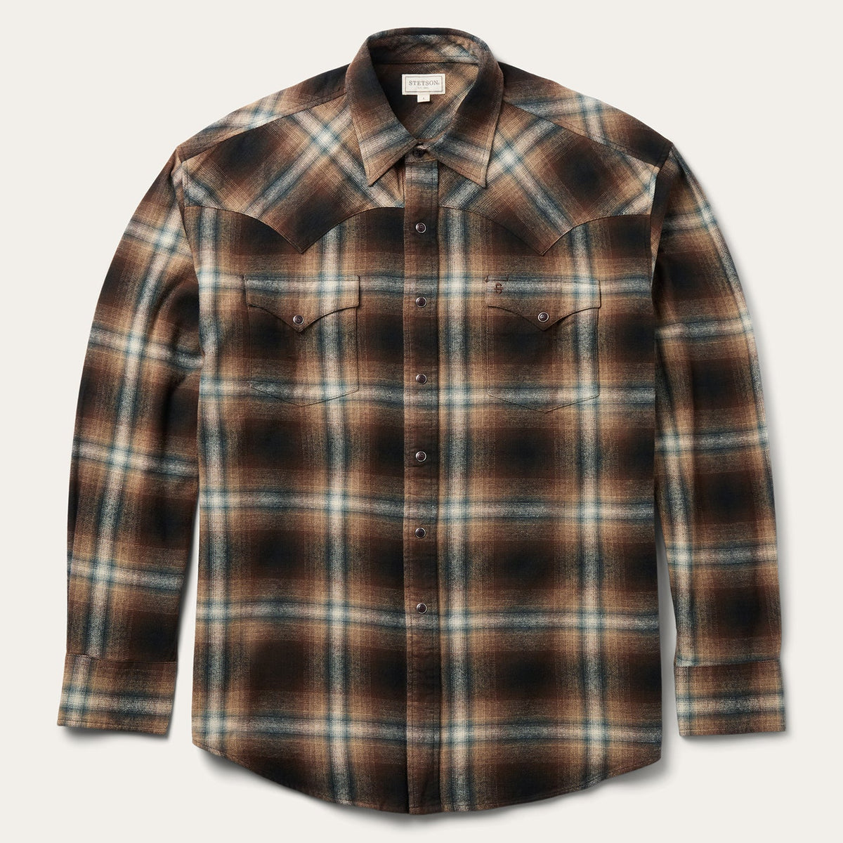 Stetson Men's L/S Ombre Plaid Western Snap Shirt in Dark Brown