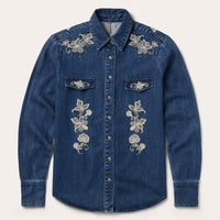 Stetson Women's L/S Floral Embroidered Denim Western Snap Shirt in Dark Wash