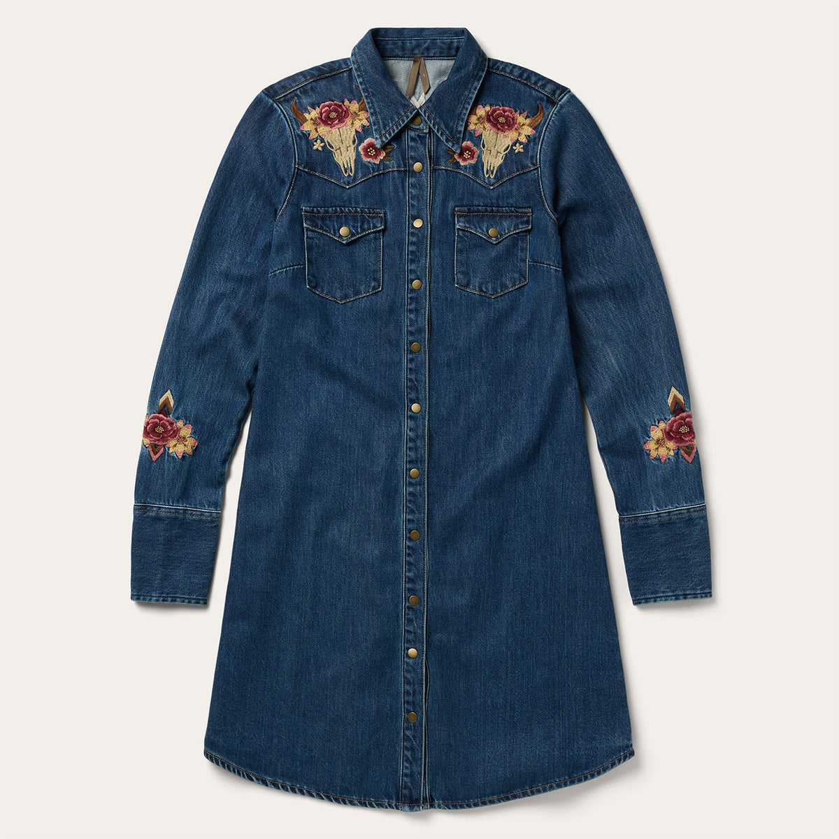 Stetson Women's Embroidered Western Denim Shirt Dress in Dark Blue Wash