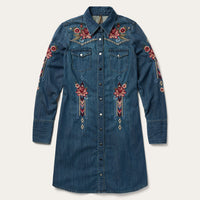 Stetson Women's Lavish Embroidered Denim Western Shirt Dress in Dark Wash