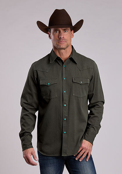 Stetson Men's L/S Turquoise Snap Twill Western Shirt in Olive