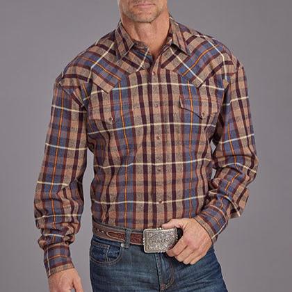 Stetson Men's L/S Brushed Flannel Western Snap Shirt in Brown Plaid