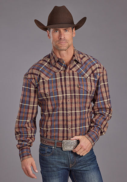 Stetson Men's L/S Brushed Flannel Western Snap Shirt in Brown Plaid