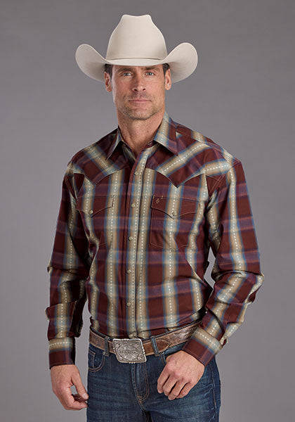 Stetson Men's L/S Red Rock Dobby Plaid Western Snap Shirt in Wine