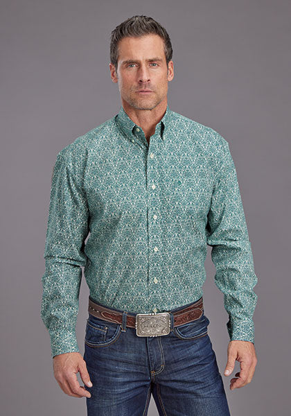 Stetson Men's Wallpaper Medallion Western Button Down Shirt in Green