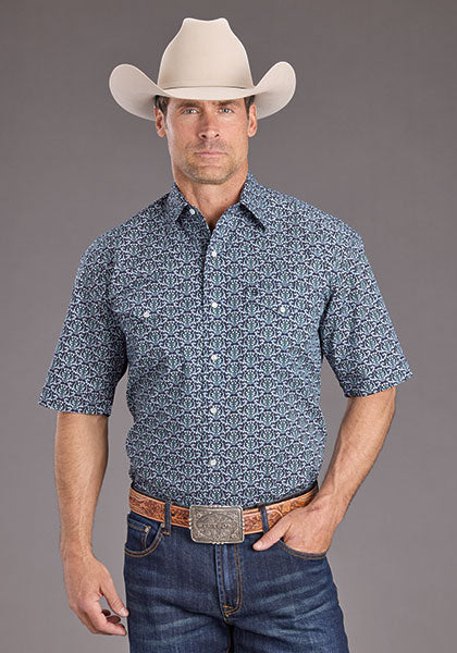 Stetson Men's S/S Medallion Western Snap Shirt in Navy